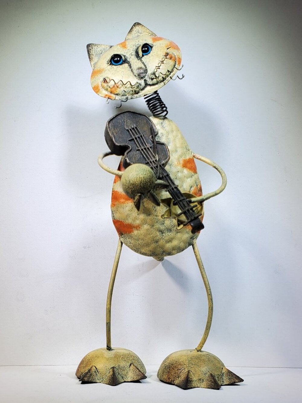 VINTAGE WHIMSICAL BLUE EYED CAT WITH VIOLIN...HAND FABRICATED METAL SCULPTURE